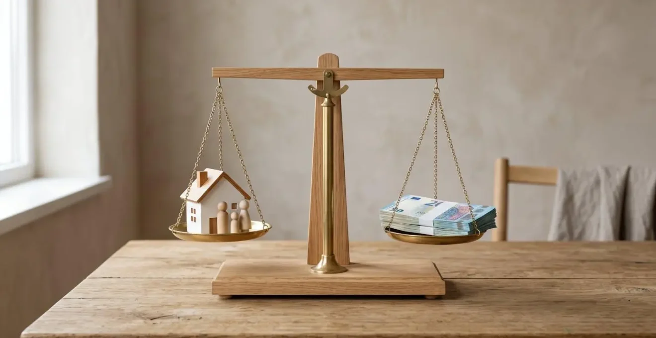 Balance en équilibre avec une maison miniature et des figurines familiales sur un plateau, et des billets en euros sur l'autre, symbolisant le choix entre protection et coût.