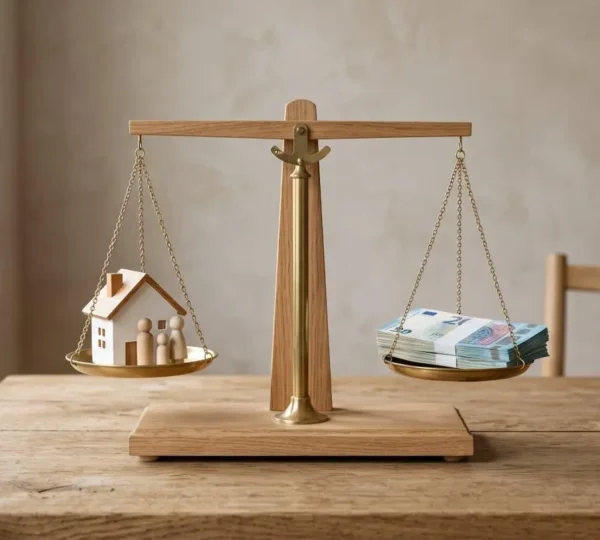Balance en équilibre avec une maison miniature et des figurines familiales sur un plateau, et des billets en euros sur l'autre, symbolisant le choix entre protection et coût.