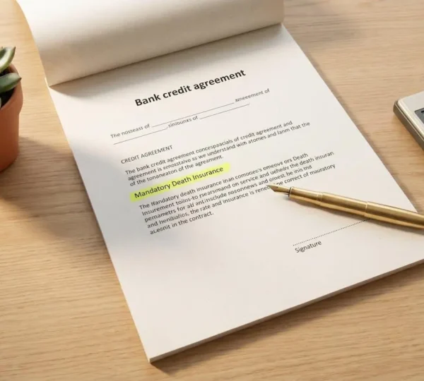 Contrat de crédit ouvert sur un bureau avec clause d'assurance décès surlignée, stylo et calculatrice, symbolisant la décision d'emprunt.