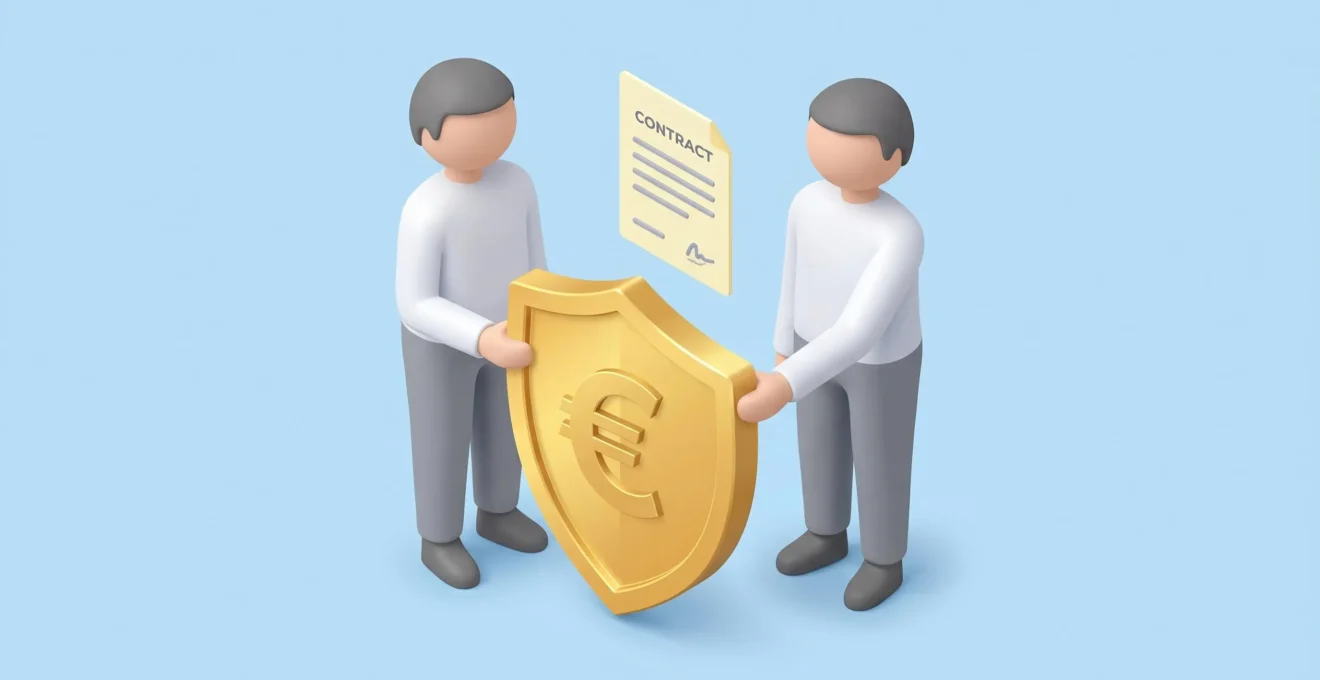 Illustration isométrique de deux personnages tenant un bouclier doré avec symbole euro, représentant la protection partagée dans le crédit.