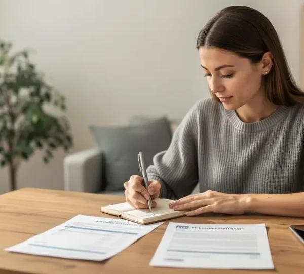 Une jeune femme compare des documents d'épargne et rédige des notes à son domicile.