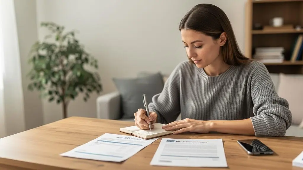 Une jeune femme compare des documents d'épargne et rédige des notes à son domicile.