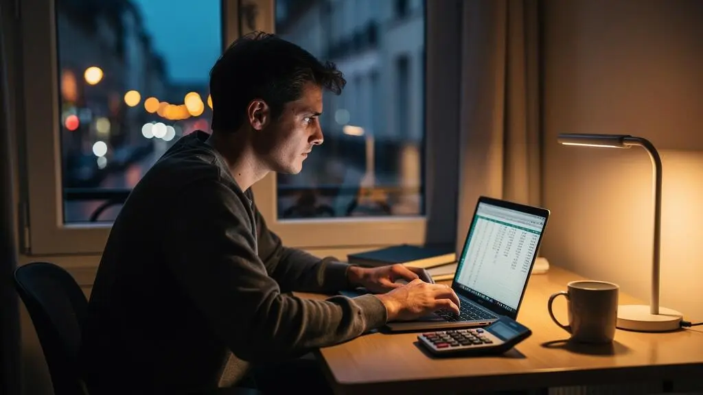 Un jeune homme simule son épargne future sur un ordinateur portable chez lui, calculatrice à la main.