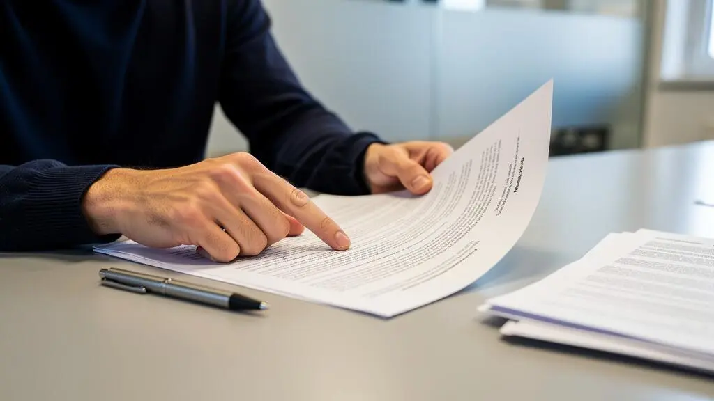 Les mains d'un jeune homme pointant une ligne précise d'un contrat d'assurance dans une agence.